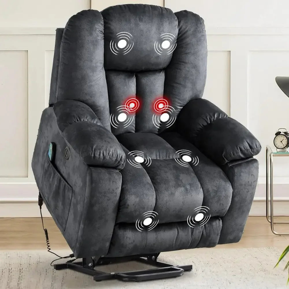 Oversized Recliner with Massage, Heat, USB Port, and Safety Mechanism for Elderly, Gray