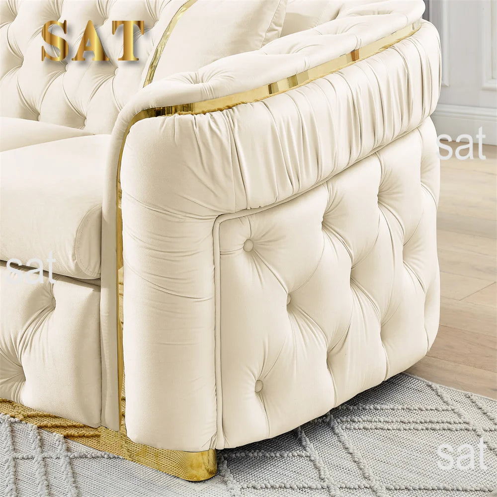 #￥Custom Velvet Button Tufted Sofa Couch with 2 Pillows 3 Seater Luxury Chesterfield Sofa Set with Gold Stainless Steel Accents