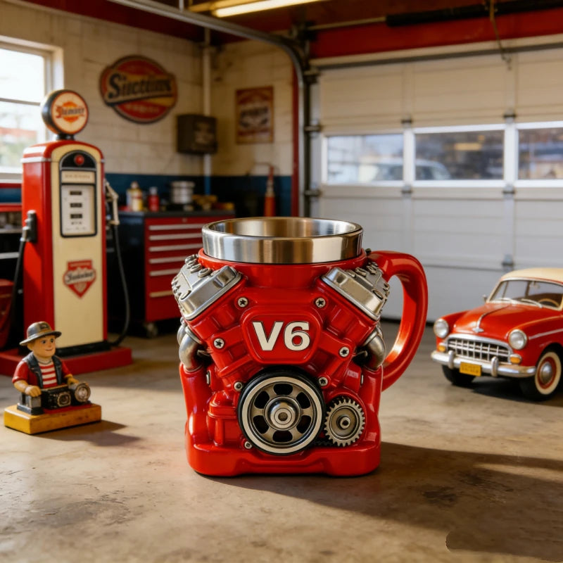 V8/V6 Engine Shape Coffee Mug Creative Stainless Steel Liner Car Enthusiast Gift Red Mechanical Style Cup
