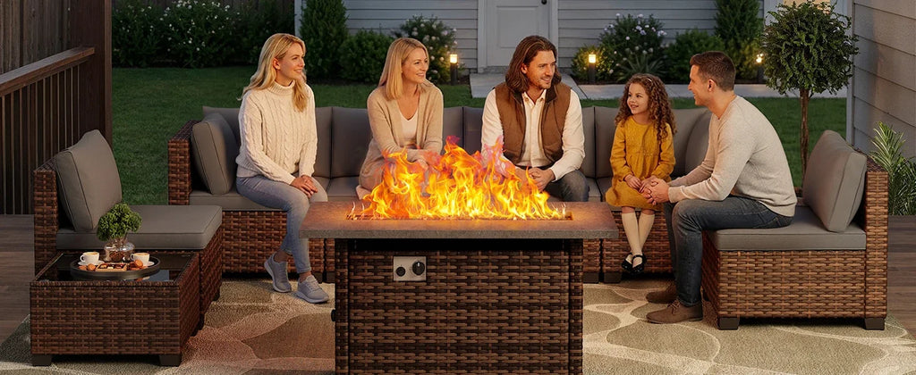 Qsun 8 Pieces Outdoor Patio Furniture Set with 44.9" Fire Pit Table, All-Weather Wicker Outdoor Patio Sectional Set with Coffee