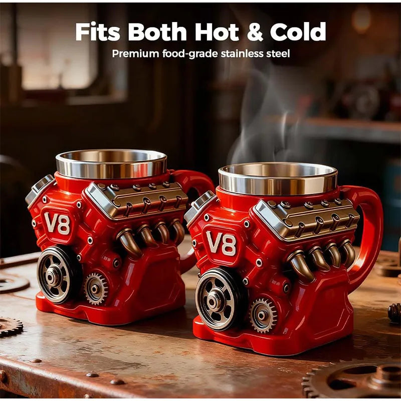 V8 Engine Coffee Mug, Retro Engine Coffee Mug V8 Stainless Steel Cup Double Wall Insulation With Handle For Car Enthusiast Gift