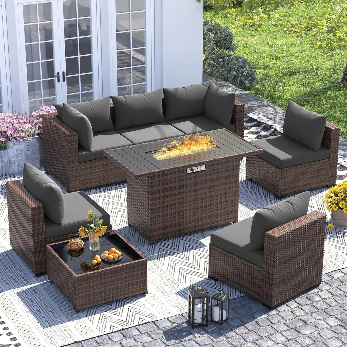 8-Piece Wicker Patio Furniture Set with 44" Fire Pit Table for Outdoor Garden, Custom