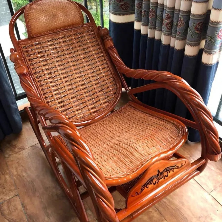 Balcony elderly rattan chair household large medium new Chinese real rattan recliner