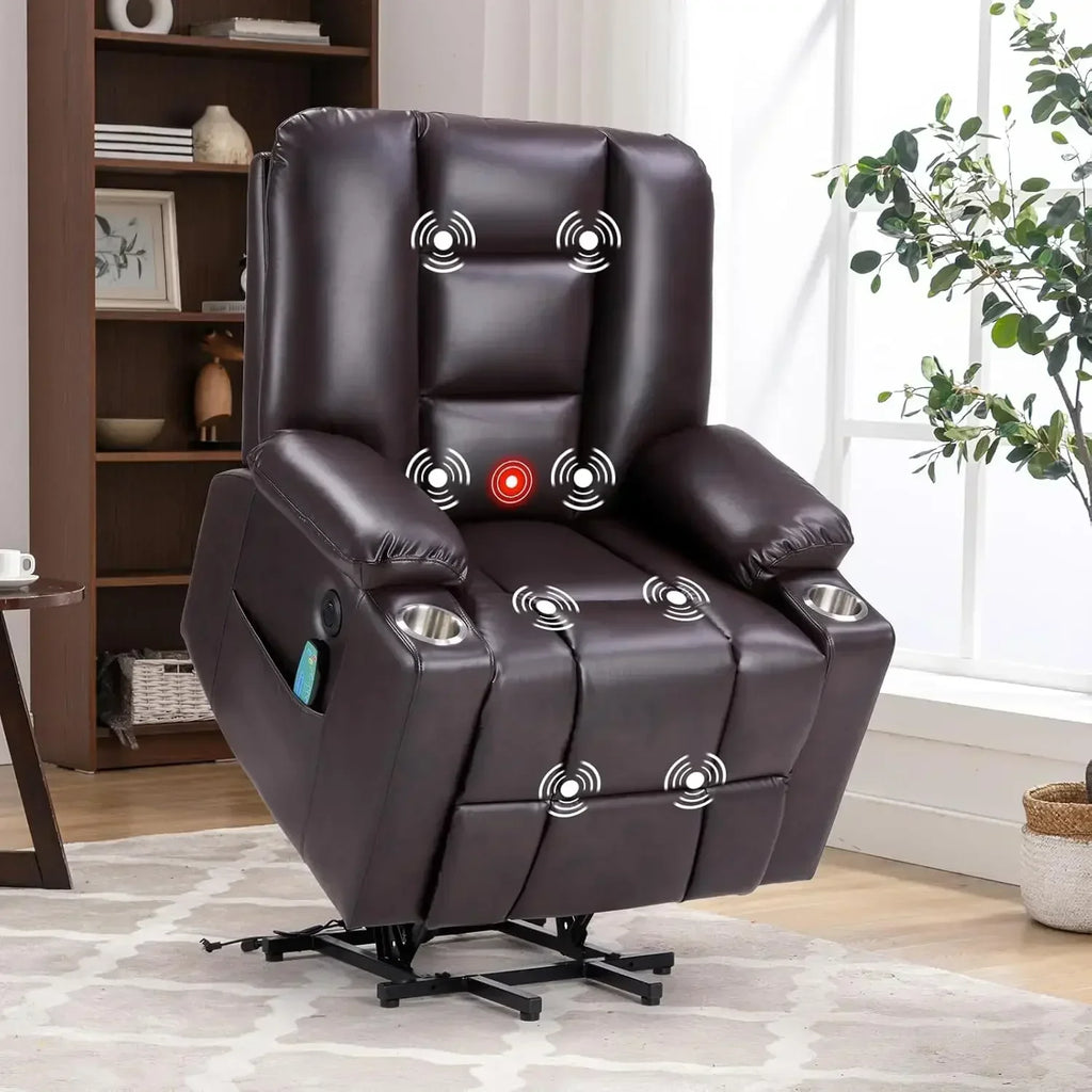 Power Lift Chair with Heat and Massage, Faux Leather Lift Recliner Chair for Adults Elderly, Upholstered Recliner with 2 Cup Hol