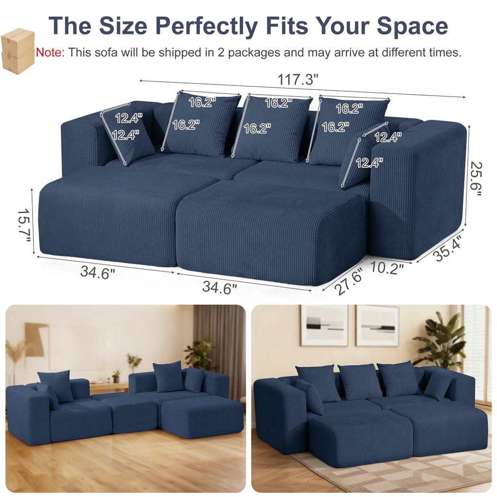 117" Corduroy Boneless Couches, Modular Sectional Sofa, Loveseat Comfy Cloud-Like Couches with 3 Pillows, Deep Seat for Living Room, Compact for Small Spaces