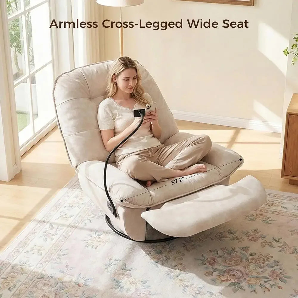 Beige Oversized Swivel Rocker Recliner with Armrest and Padded Holder for Living Room or Nursery