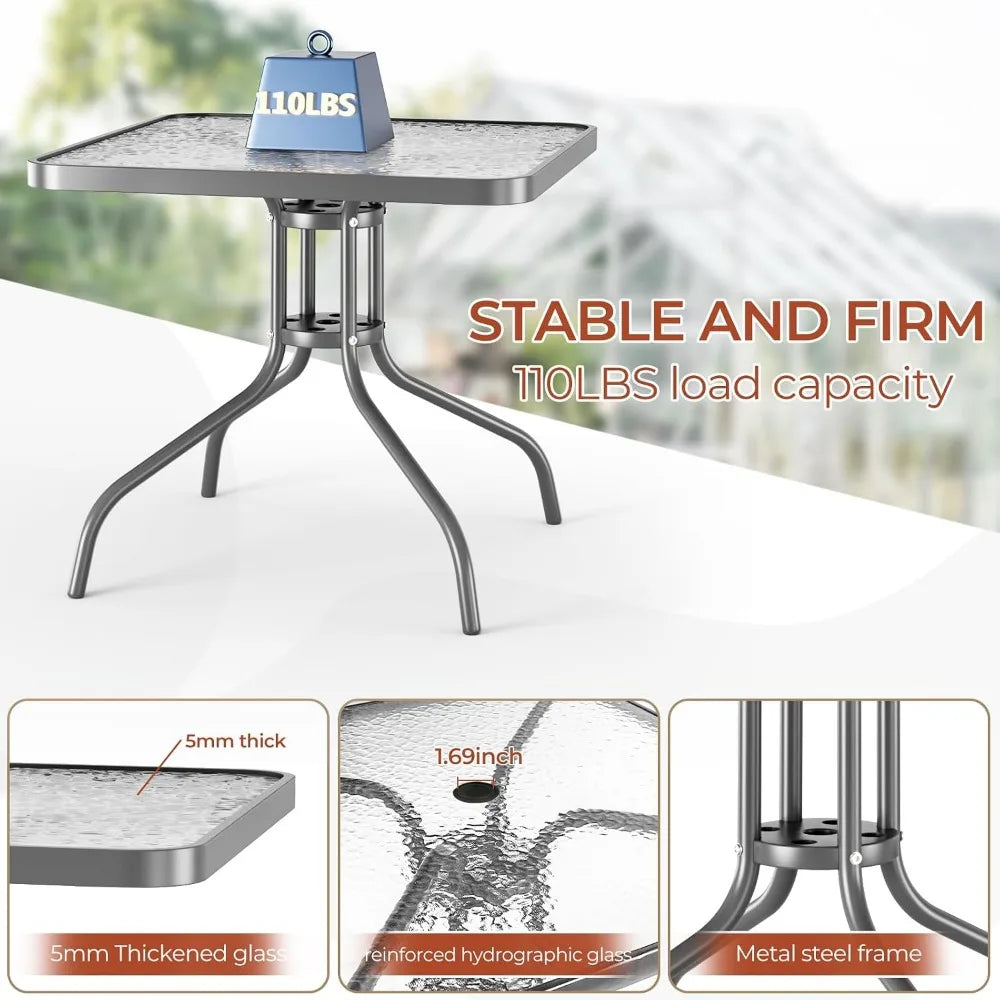 5-Piece Patio Dining Set - Glass Table, Stackable Chairs with Umbrella Hole, Durable for Outdoor Use