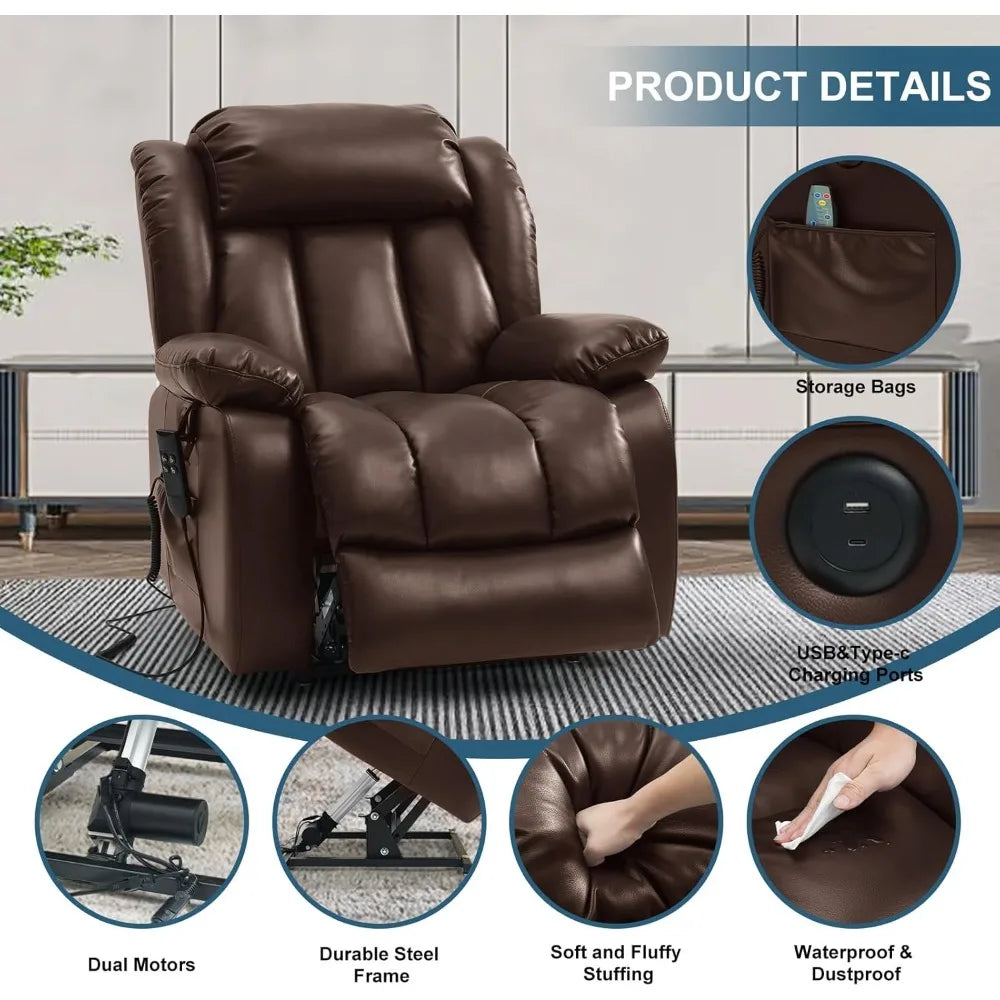 Dual Motor Power Lift Recliner Chair for Elderly, Infinite Position Lay Flat Lift Chair with Massage and Heat, USB Ports,