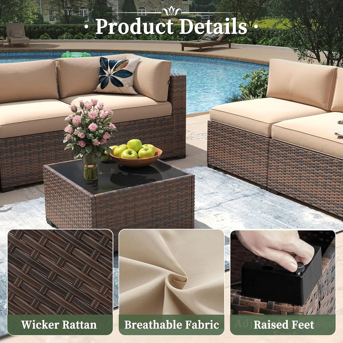Wicker Rattan Patio Furniture Set,Conversation Sofa,for Backyard&Garden,7‑Piece, Custom
