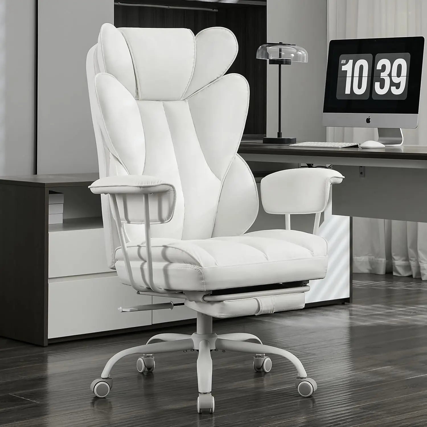 Wide Ergonomic Office Chair with Footrest, High Back Lumbar Support, Reclining Gaming Computer Chair for Heavy People (White)