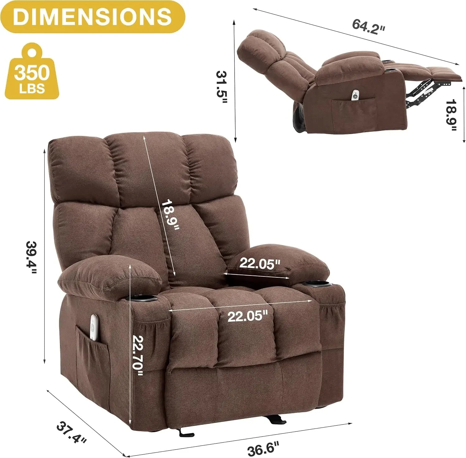 Brown Fabric Massage Recliner Rocker Ergonomic Chair Heat Vibration USB Cup Holders Side Pocket