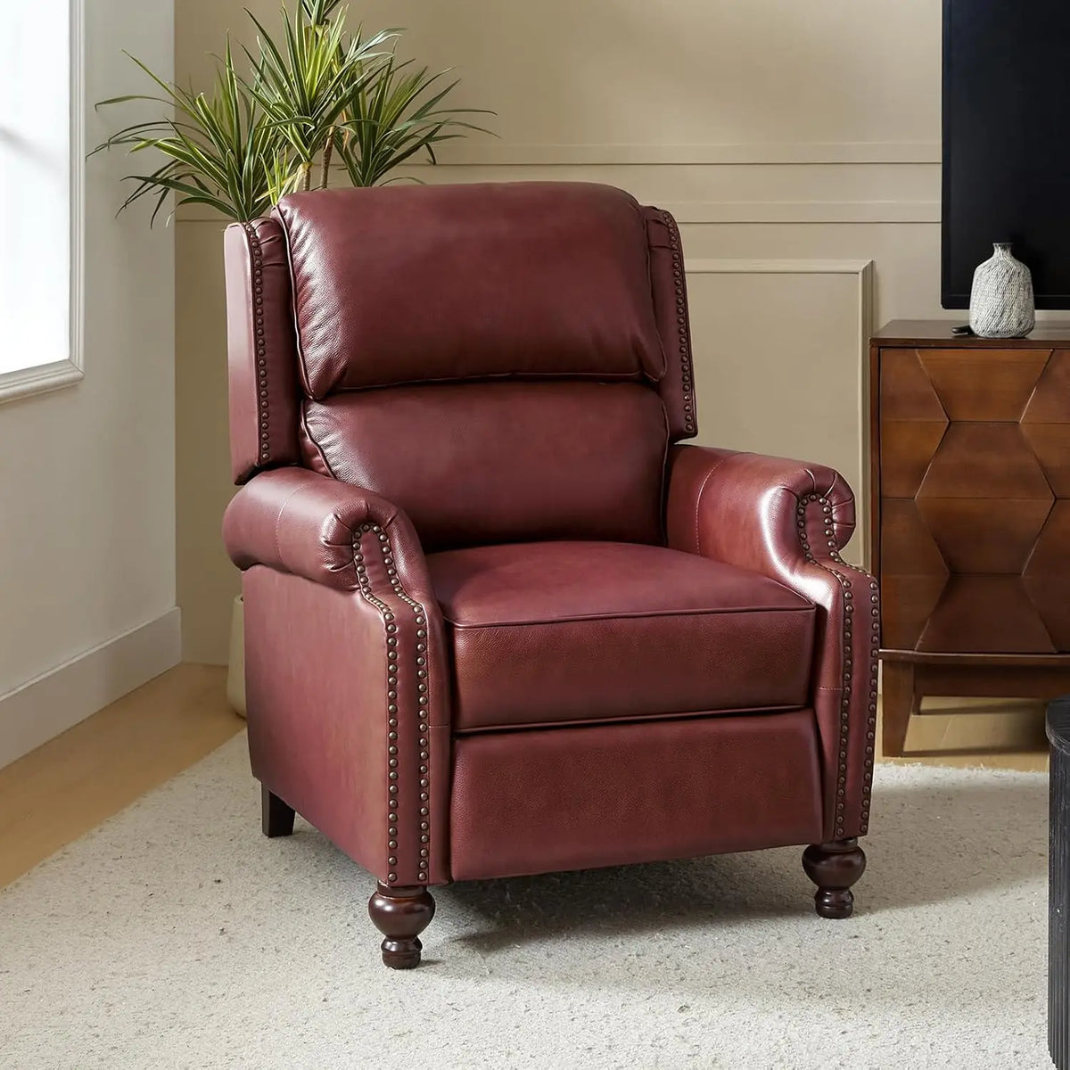 #Genuine Leather Wingback Recliner Thick Cushioned Seat Push Back Nailhead Trim Living Room Chair, Customized