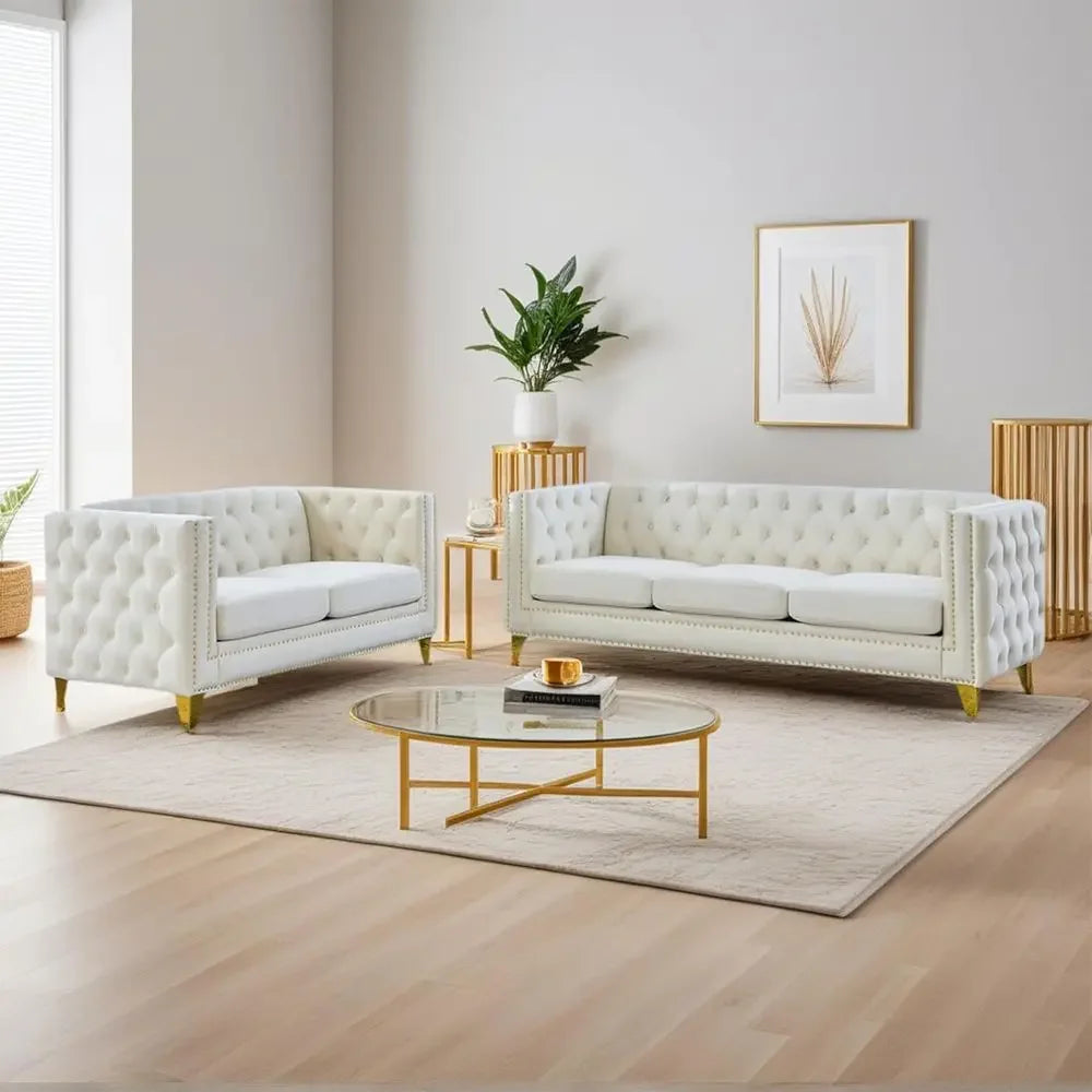 2 Piece Chesterield Velvet Combination Soa Set or Living Room,3-Seater and Loveseat Soa Set Tuted Couch with 4 Pillows,Rolled Ar