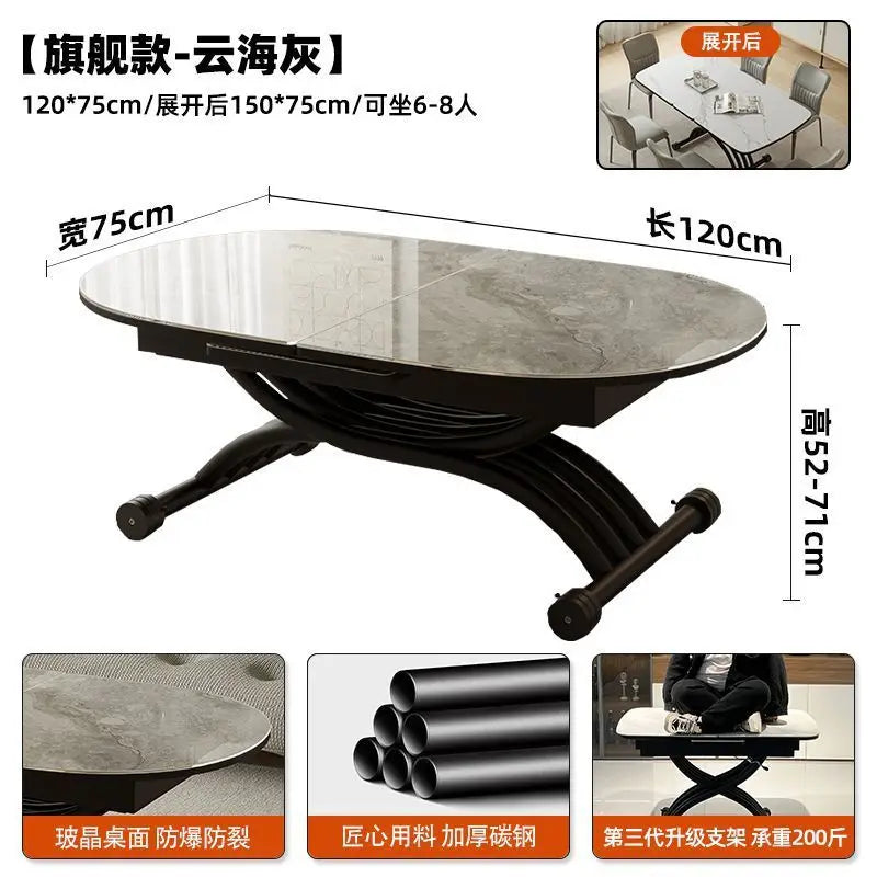Black light luxury rock slab lifting coffee table dining  dual-purpose retractable mobile dining