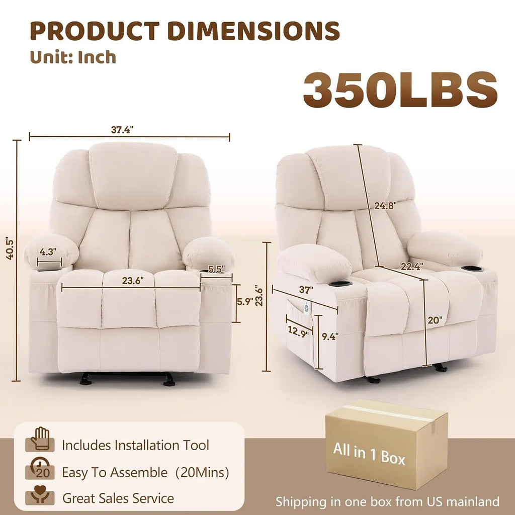 Massage Rocker Recliner Chair with Heat & Vibration Nursery Glider 4 Pockets 2 Cup Holders Fabric Beige, Customized