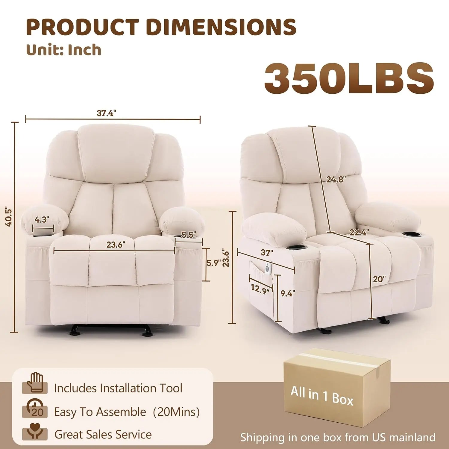 Massage Rocker Recliner Chair with Heat & Vibration Nursery Glider 4 Pockets 2 Cup Holders Fabric Beige, Customized