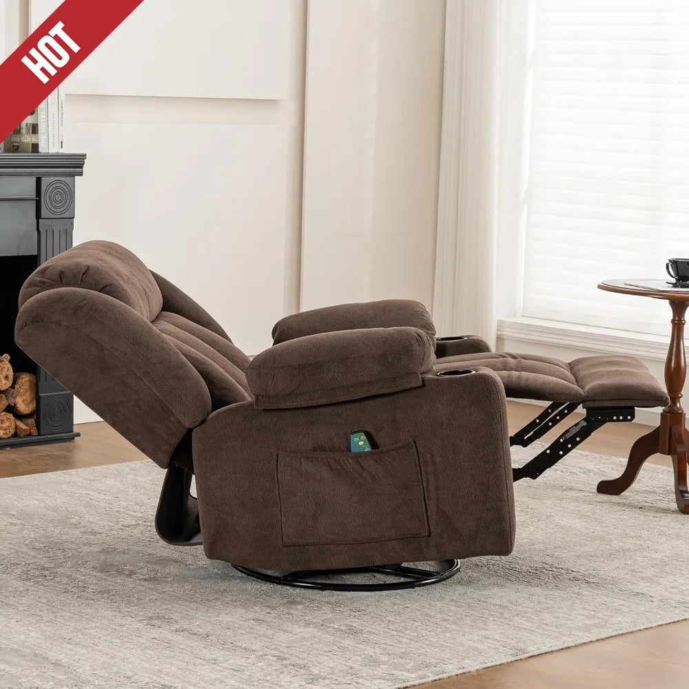 Swivel Recliner Chair with Massage Heat, Rocking Glider, Overstuffed Fabric Living Room Sofa