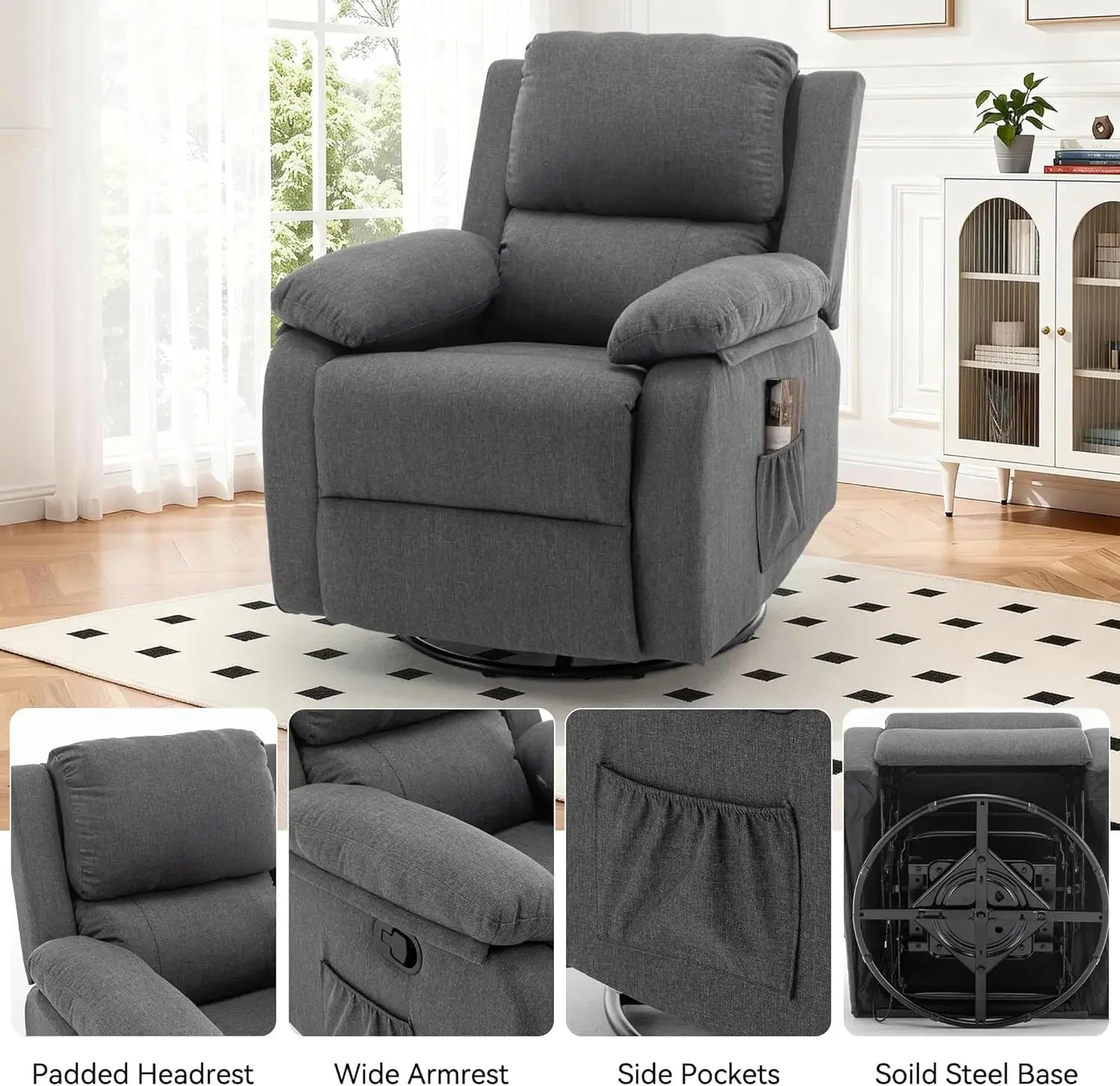 Recliner Chair, 360 Swivel Rocker Chair for Adults, Small Rocking Recliner for Small Spaces, Upholstered Fabric Glider Recliner