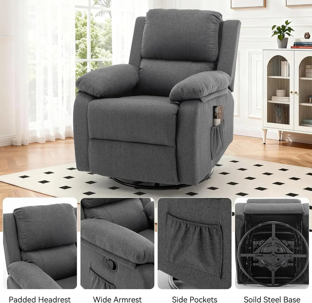 Recliner Chair, 360 Swivel Rocker Chair for Adults, Small Rocking Recliner for Small Spaces, Upholstered Fabric Glider Recliner