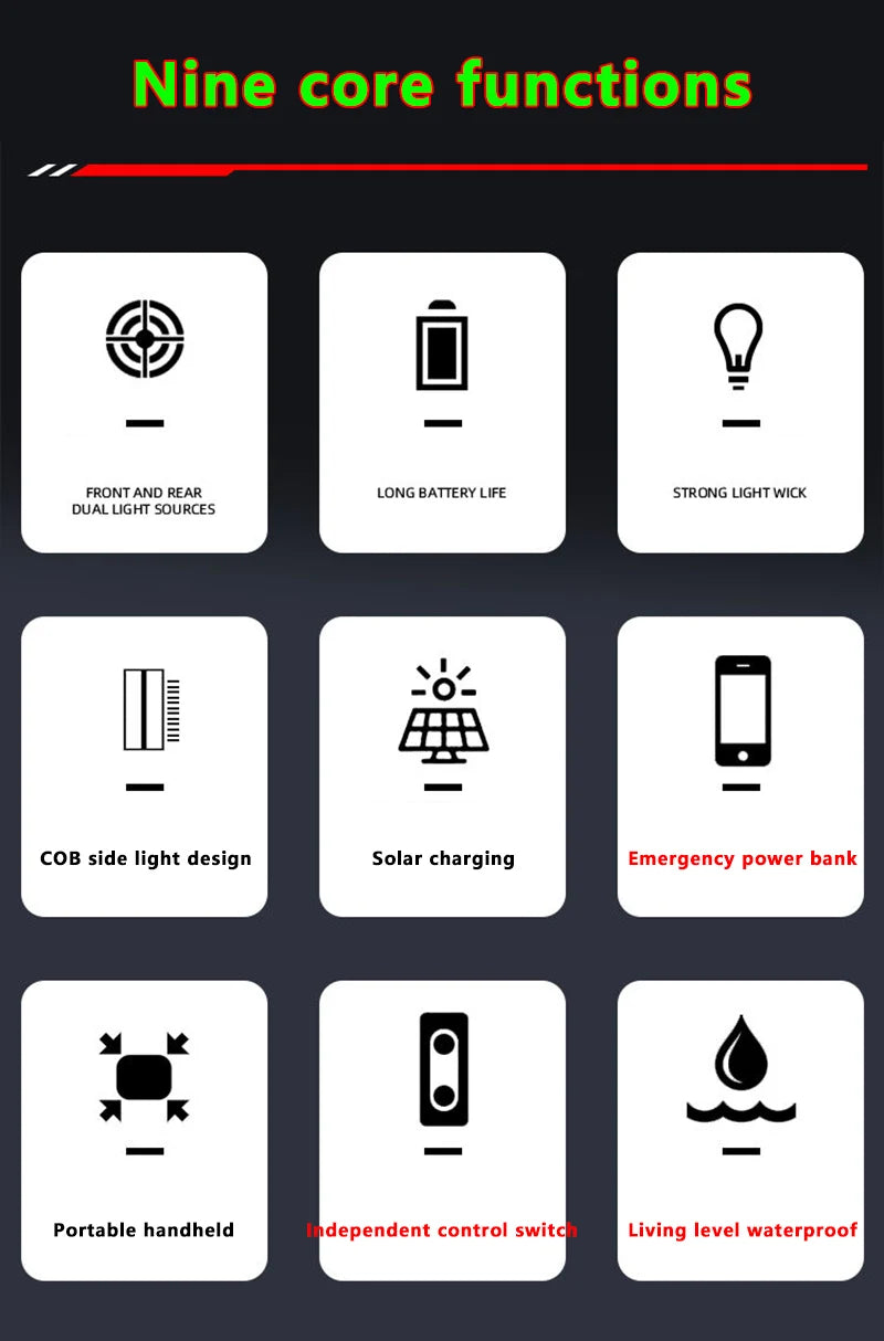 Multifunctional portable Solar handheld lamp side light waterproof multiple lighting mode high power rechargeable LED flashlight