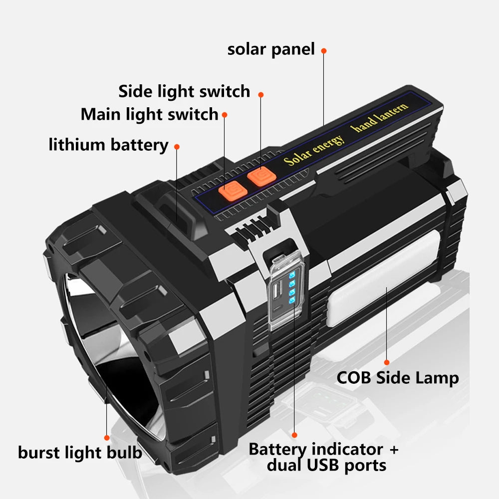 Solar Rechargeable Handheld Spotlight Flashlight LED Searchlight with COB Side Light 6 Modes Dimmable Torch Power Bank Type-C Fast Charging Waterproof Outdoor Camping Emergency Lamp Support Tripod Mount
