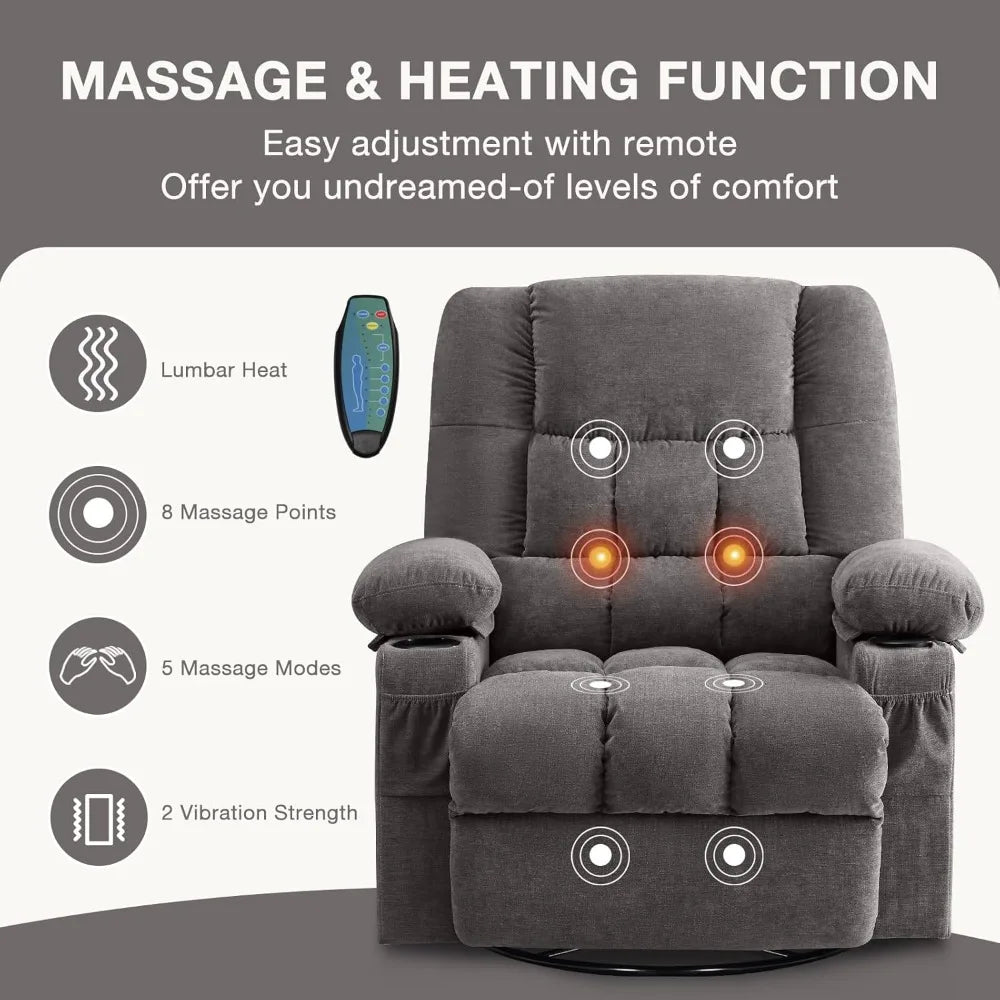 Massage Swivel Rocker Recliner Chair with Vibration & Heat, Ergonomic Lounge, USB Port, Cup Holders