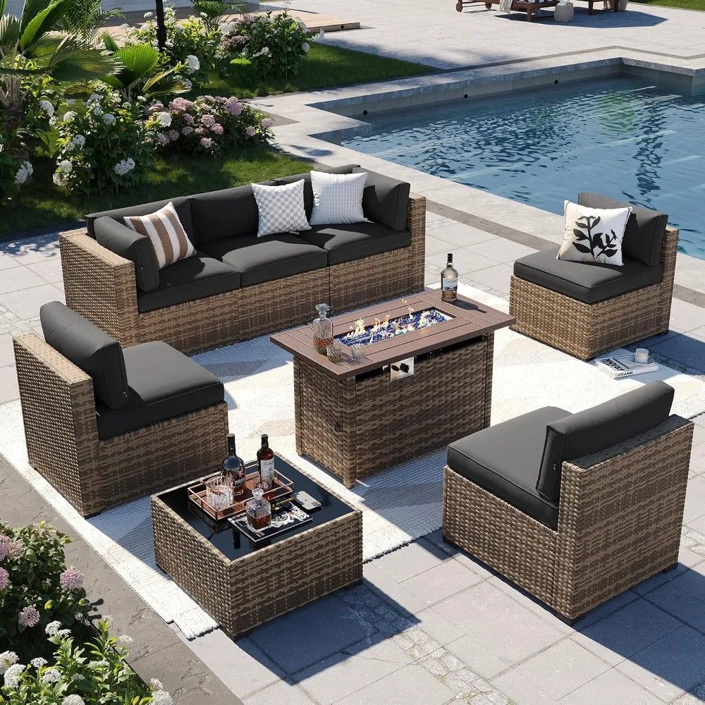 8-Piece Outdoor Patio Furniture Set with 44'' Propane Gas Firepit Table, Wicker Conversation Sectional Sofa for Backyard