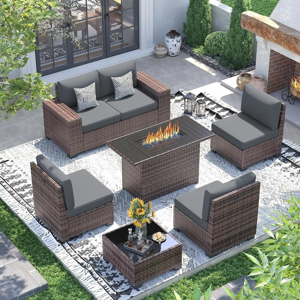 Outdoor Wicker Sectional Sofa Set with Fire Pit Table, 7-Piece All-Weather Patio Furniture with 8 Inch Armrest for Garden Backya