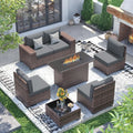 Outdoor Wicker Sectional Sofa Set with Fire Pit Table, 7-Piece All-Weather Patio Furniture with 8 Inch Armrest for Garden Backya