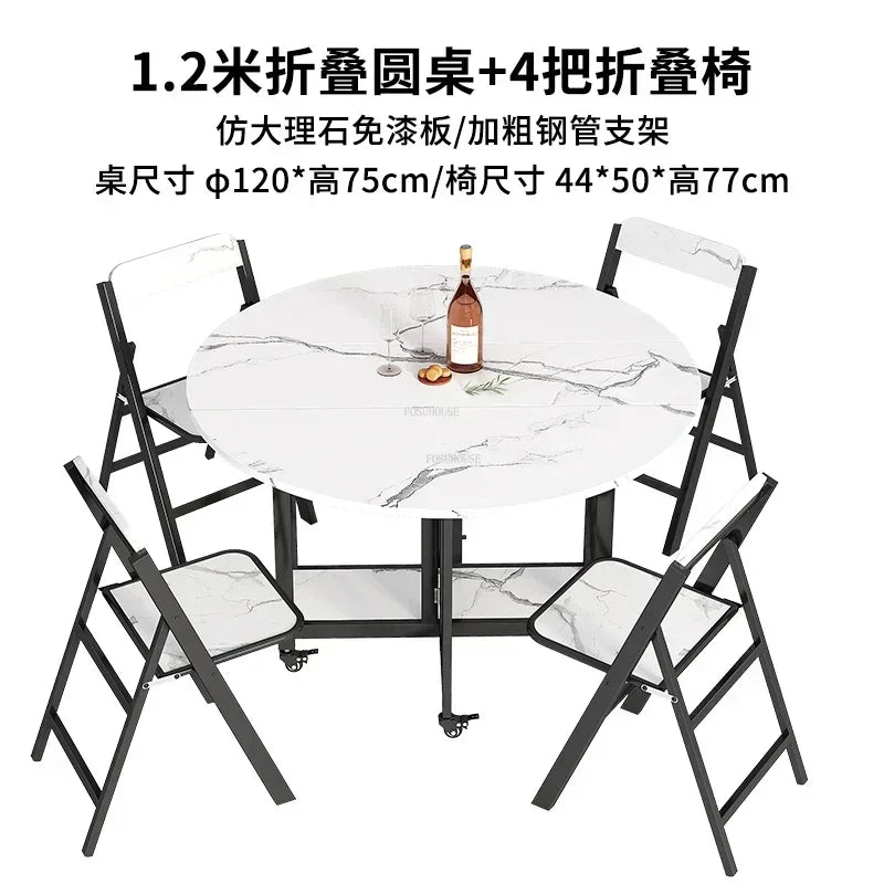 Home Folding Dining Table Set with Chairs Mobile Round Furniture Modern Kitchen Living Room Light Luxury Simple Portable