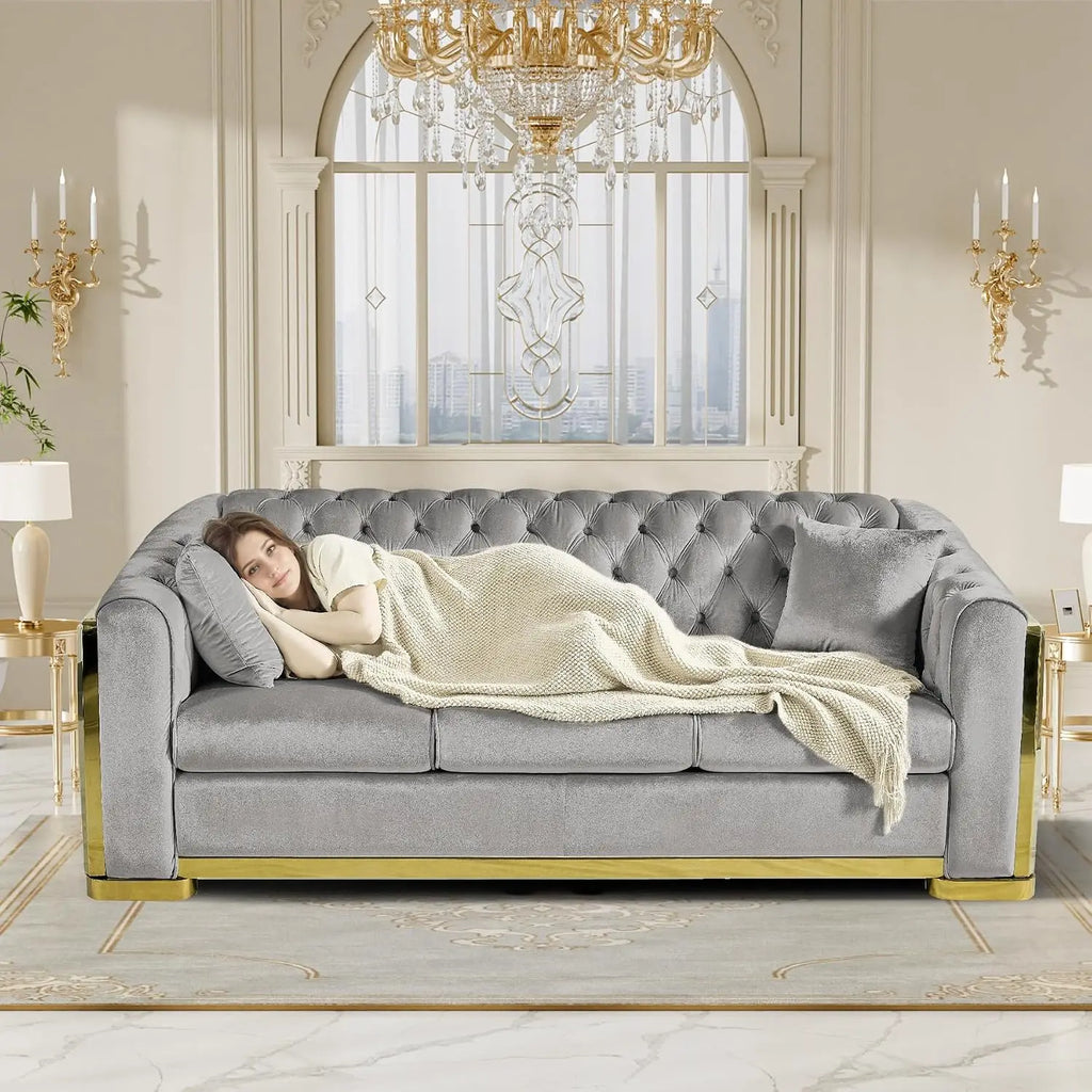 Mid Century Modern Sofa 84" Grey & Gold Tufted Velvet Upholstered Living Room Furniture, Customized