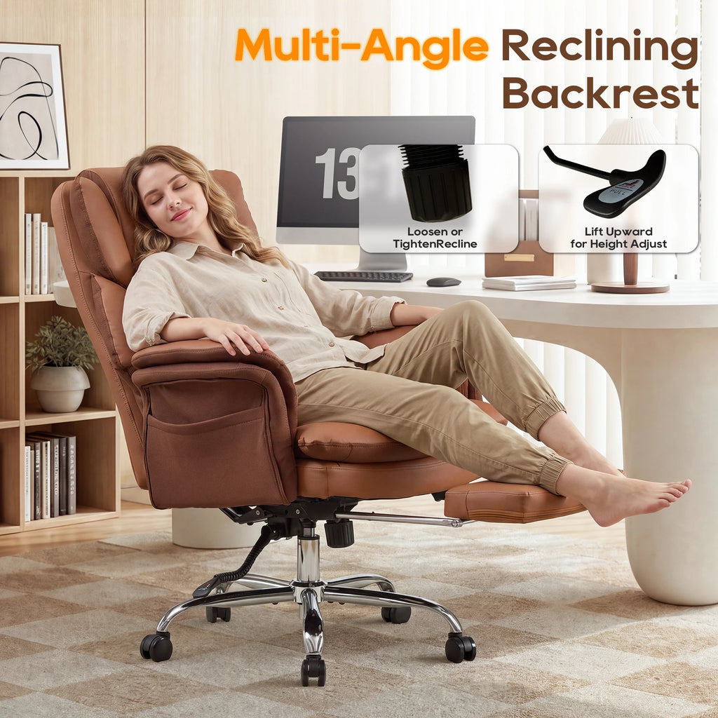 TCGBKAF Big and Tall Office Chair Executive Chair Brown PU Leather Criss Cross Chair with Adjustable Backrest and Flip Armrests, Ergonomic Computer Desk Chair with Footrest for Home &Office