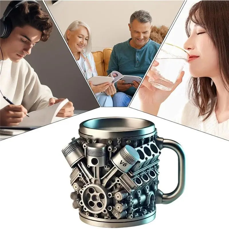 AD-V6 Engines Stainless Steel Cup Coffee Mug Car Engine Coffee Cup With Insulated Handle For Car Lovers Gift