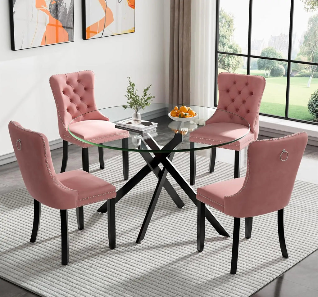 5-Piece Round Glass Dining Table Set for 4, 47.2" Circle Table with 4 Tufted Chairs for Kitchen Home Office, Customized