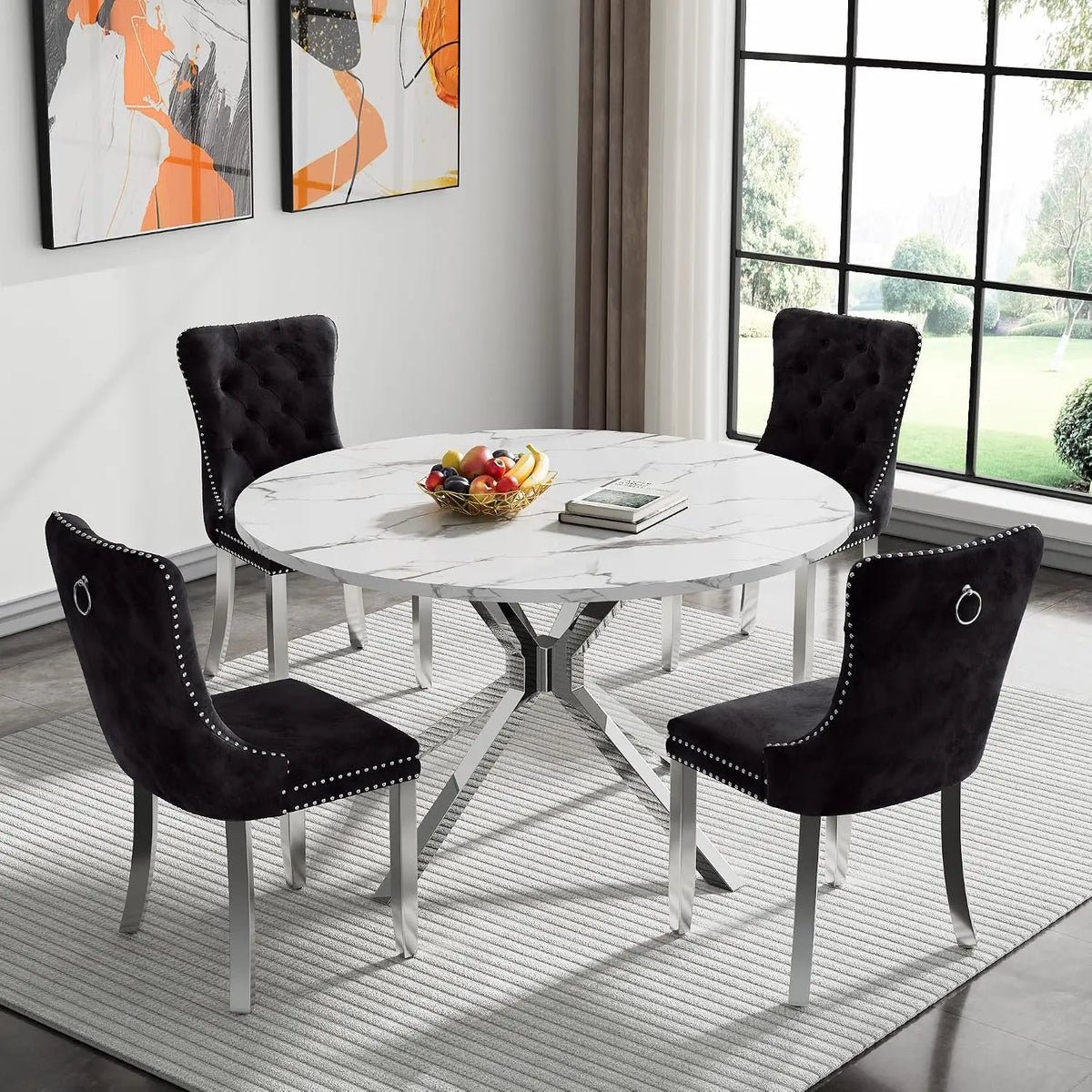 4-Seat Round Dining Table Set, 47" White Faux Marble Table with 4 Beige Velvet Tufted Chairs, Gold Stainless Steel, Customized