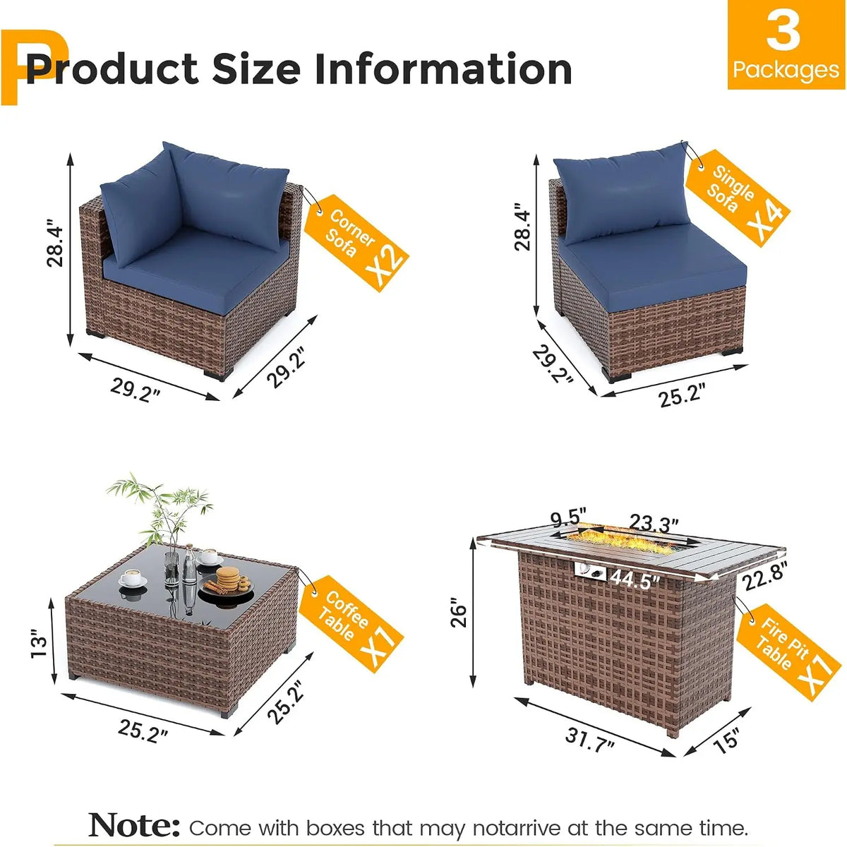 UDPATIO Outdoor Furniture 8-Piece Wicker Patio Set with 44" Fire Pit Table