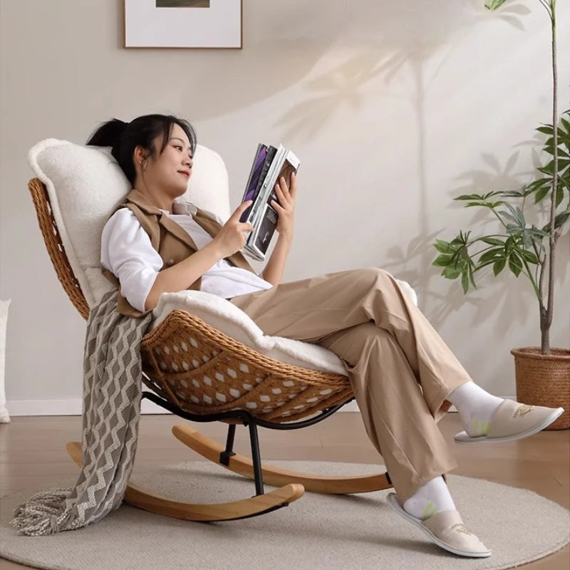 Rattan Rocking Chair for Sleeping Single Recliner Lounge Chair for Living Room Patio Outdoor Relaxing Seat Natural Wicker Rocker