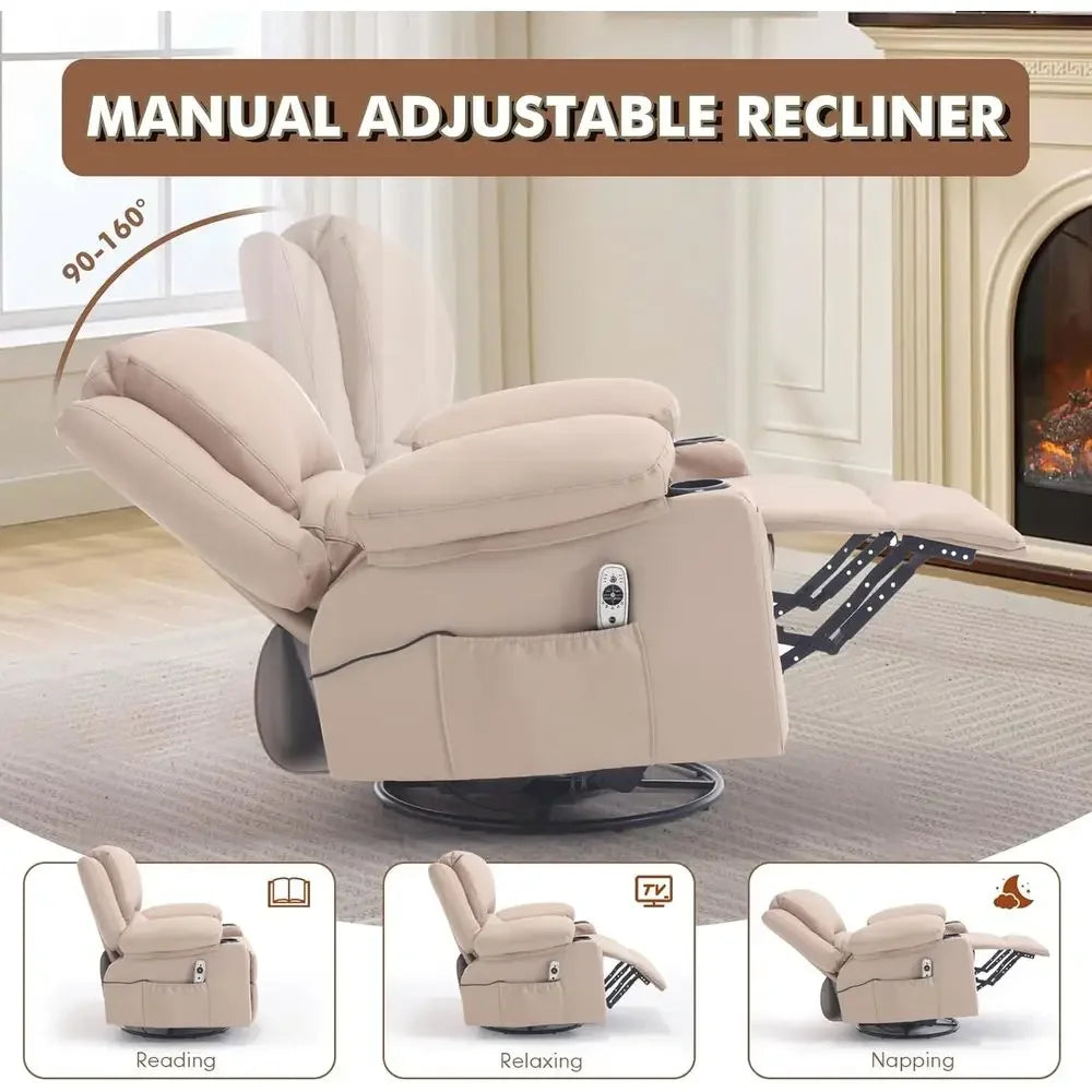 Leather Swivel Rocker Recliner with Heat Massage and Cup Holders, Plush Rocking Glider Chair with Heated Massaging Recline, Beig