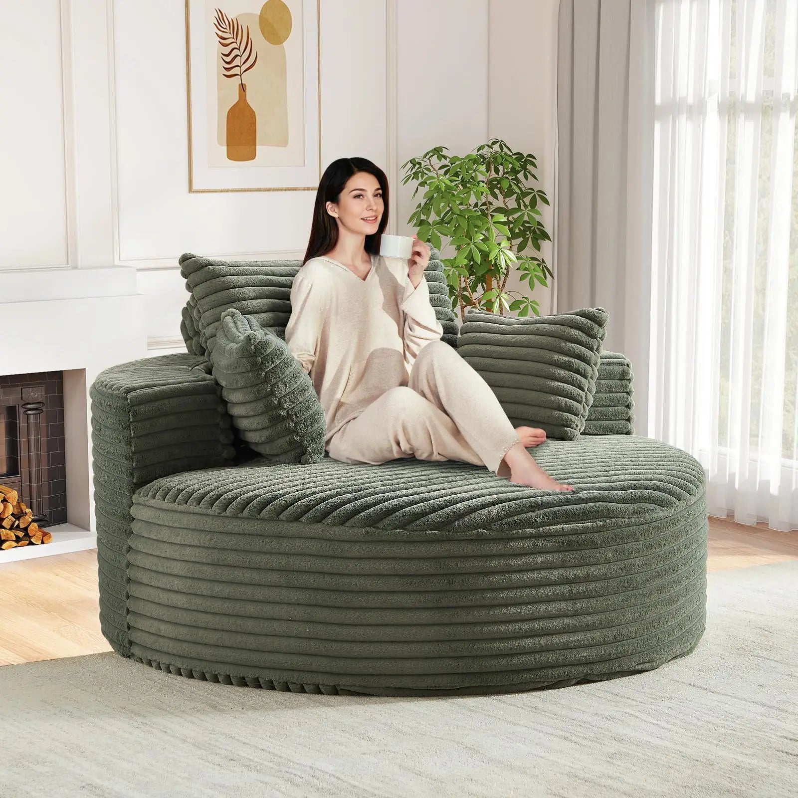Round Chaise Longue Chair Indoor, Modern 55-inch Upholstered Corduroy Deep Seat Circle Single Cloud Lounge, Customized