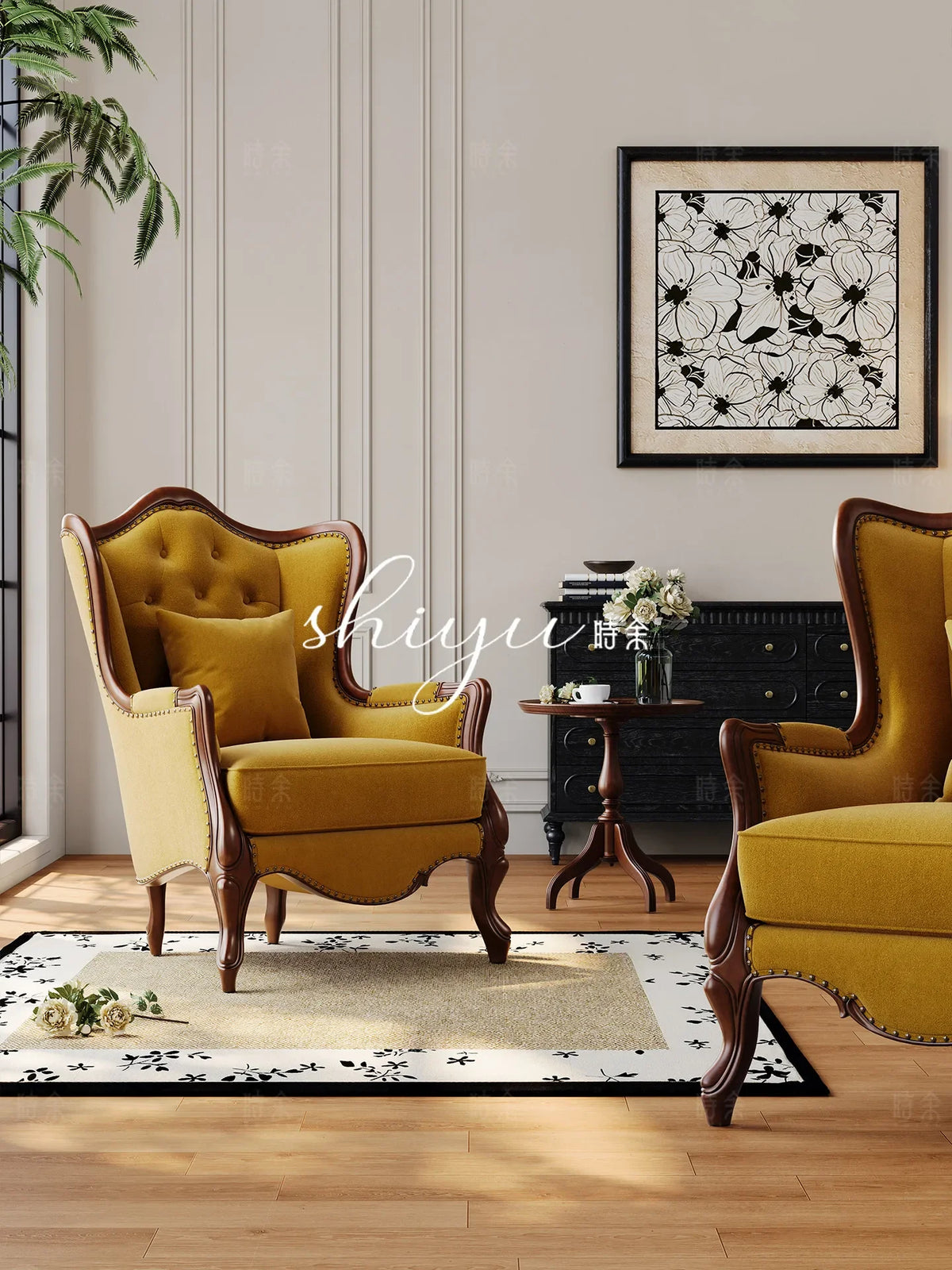PYH retro fabric American leisure chair French antique tiger chair high-end solid wood fabric sofa