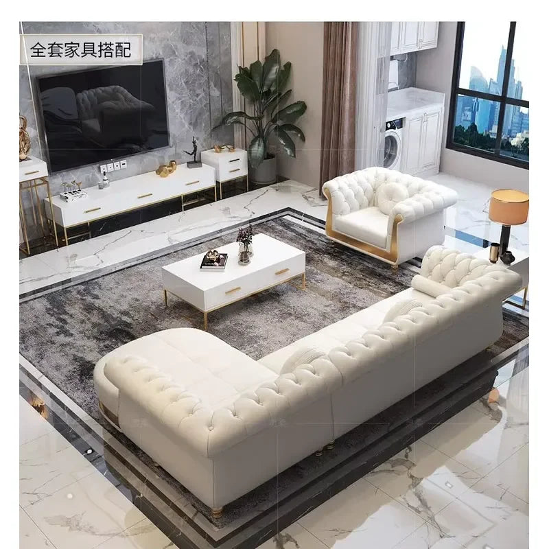 High Quality Italian Leather Modular Sofa Set White Villa Sofa for Living Room & Hotel Genuine Leather Furniture
