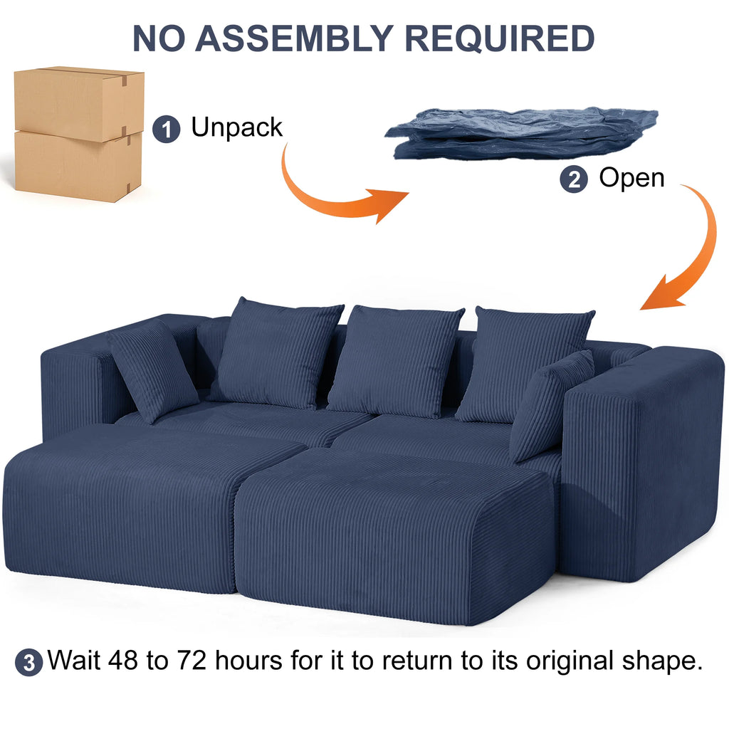 117" Corduroy Boneless Couches, Modular Sectional Sofa, Loveseat Comfy Cloud-Like Couches with 3 Pillows, Deep Seat for Living Room, Compact for Small Spaces