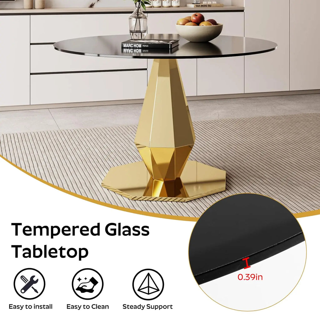 Round Dining Table 47" Black Glass Top Steel Base Modern Luxury Kitchen Dinner Table for 4-6 Home Living Room, Customized