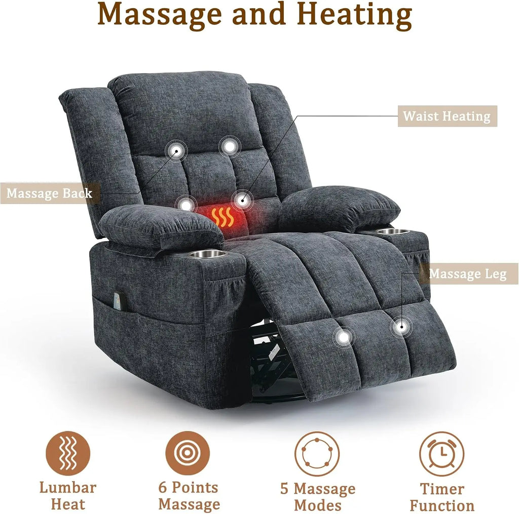 360° Swivel Rocker Recliner with Massage & Heating, Cup Holder, Fabric Dark Gray