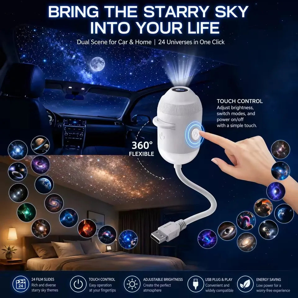 24 Projection Slides USB Plug-in Galaxy Star Projector Night Light Nebula Aurora Starry Sky Projector Light For Bedroom Decor