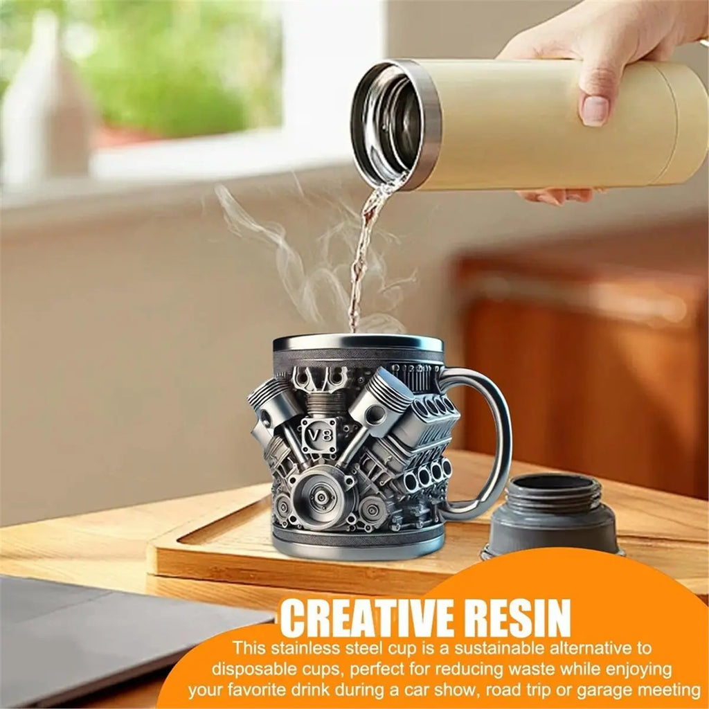 【STABLE QUALITY】V8 Engines Stainless Steel Coffee Mug, Car Engine Coffee Cup with Insulated Handle for Car Lovers Gift Racing Fa