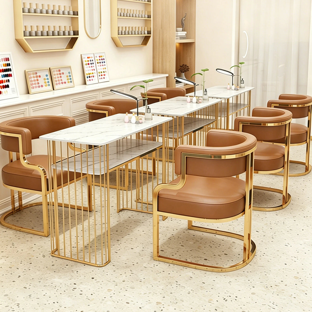 Modern Dining Chairs Set Of 2 With Gold Metal Legs, PU Leather Upholstered Kitchen Chairs, Brown