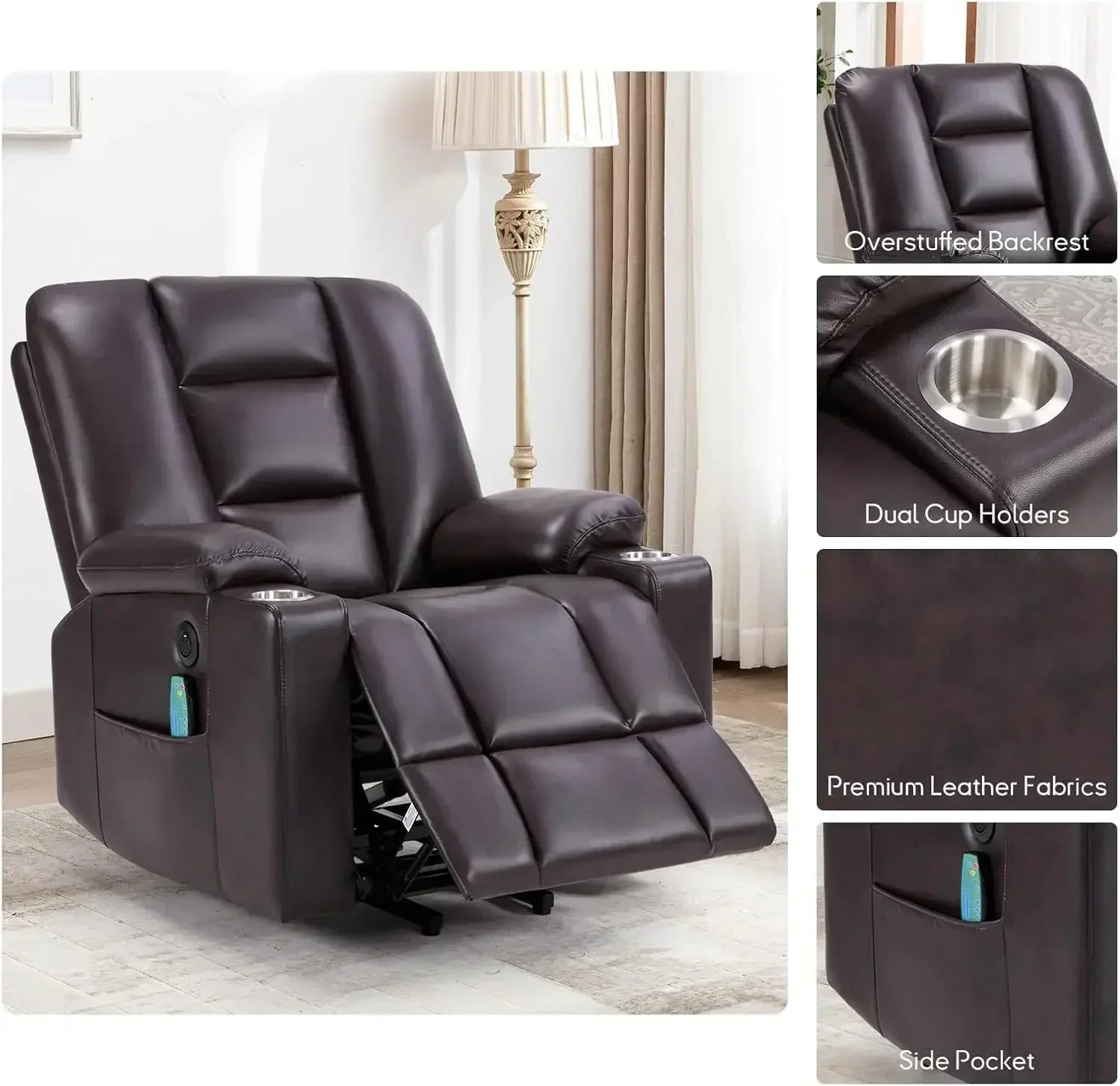 Power Lift Chair with Heat and Massage, Faux Leather Lift Recliner Chair for Adults Elderly, Upholstered Recliner with 2 Cup Hol