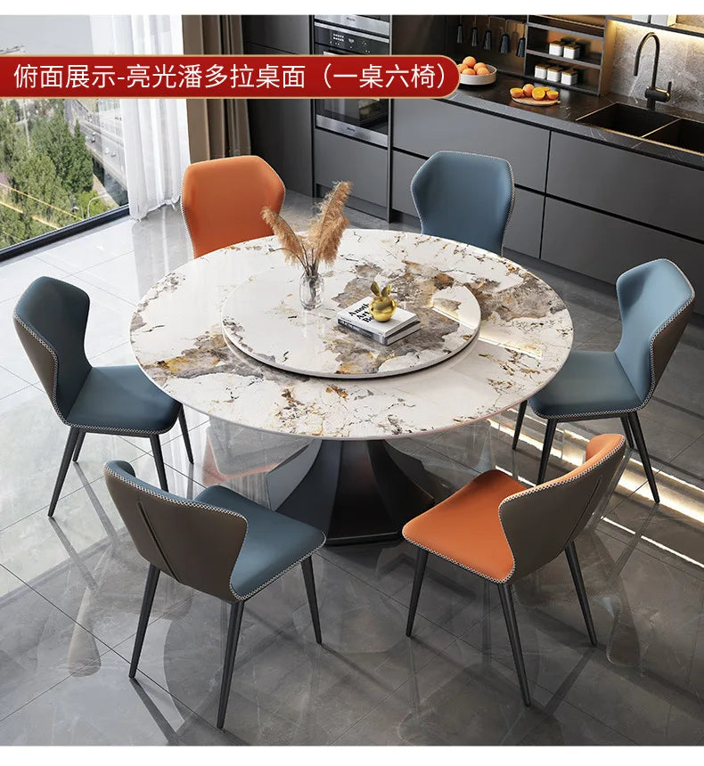 PG Italian minimalist light luxury rock slab bright dining table modern simple round table with turntable high-end dining table