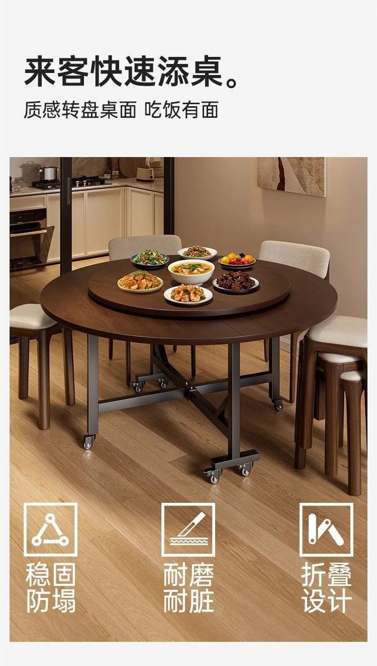 Folding Round Table for Home Rental Small Apartment Movable Folding Dining Table Large Round Table with Turntable
